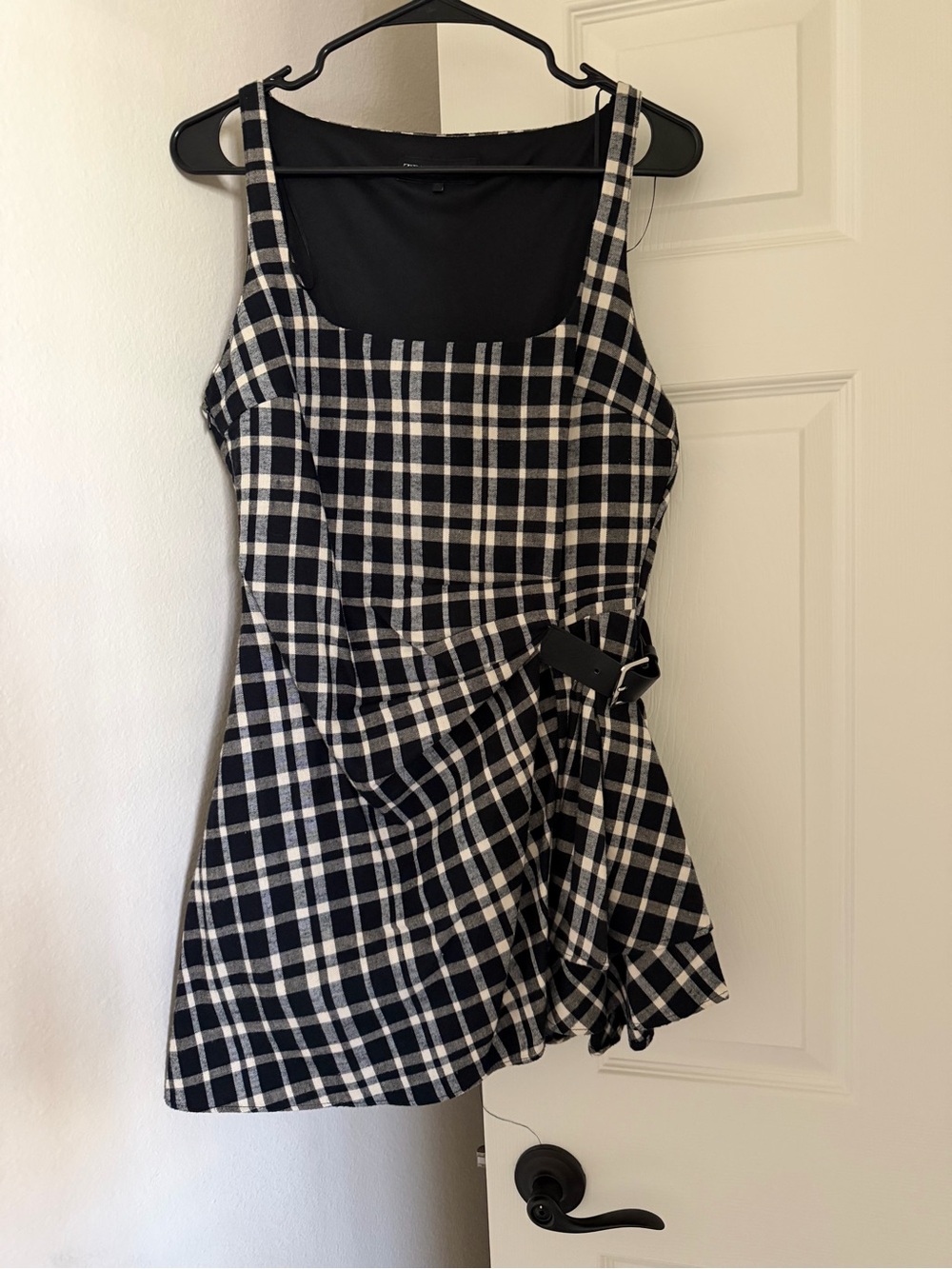 Zara Black & White Plaid Mini Dress with Buckle Detail